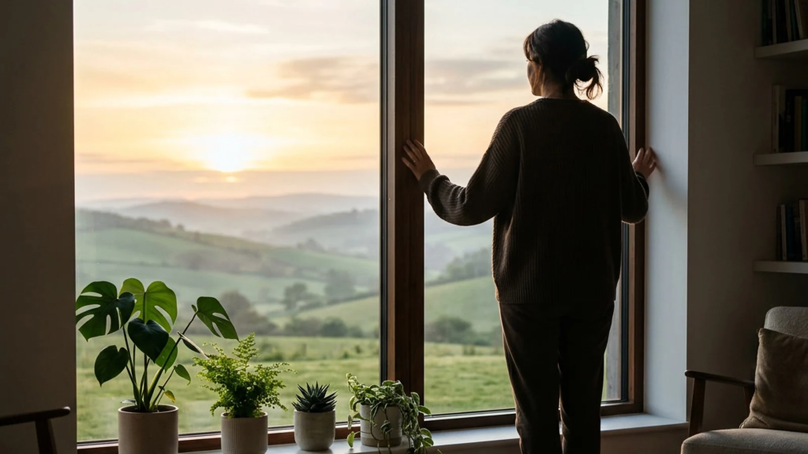 A person standing at a window looking out toward a calm sunrise over green hills